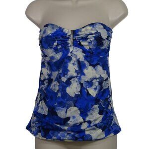 Calvin Klein Blue Printed Strapless Tankini Swim Top Ruched Women Size M Boning